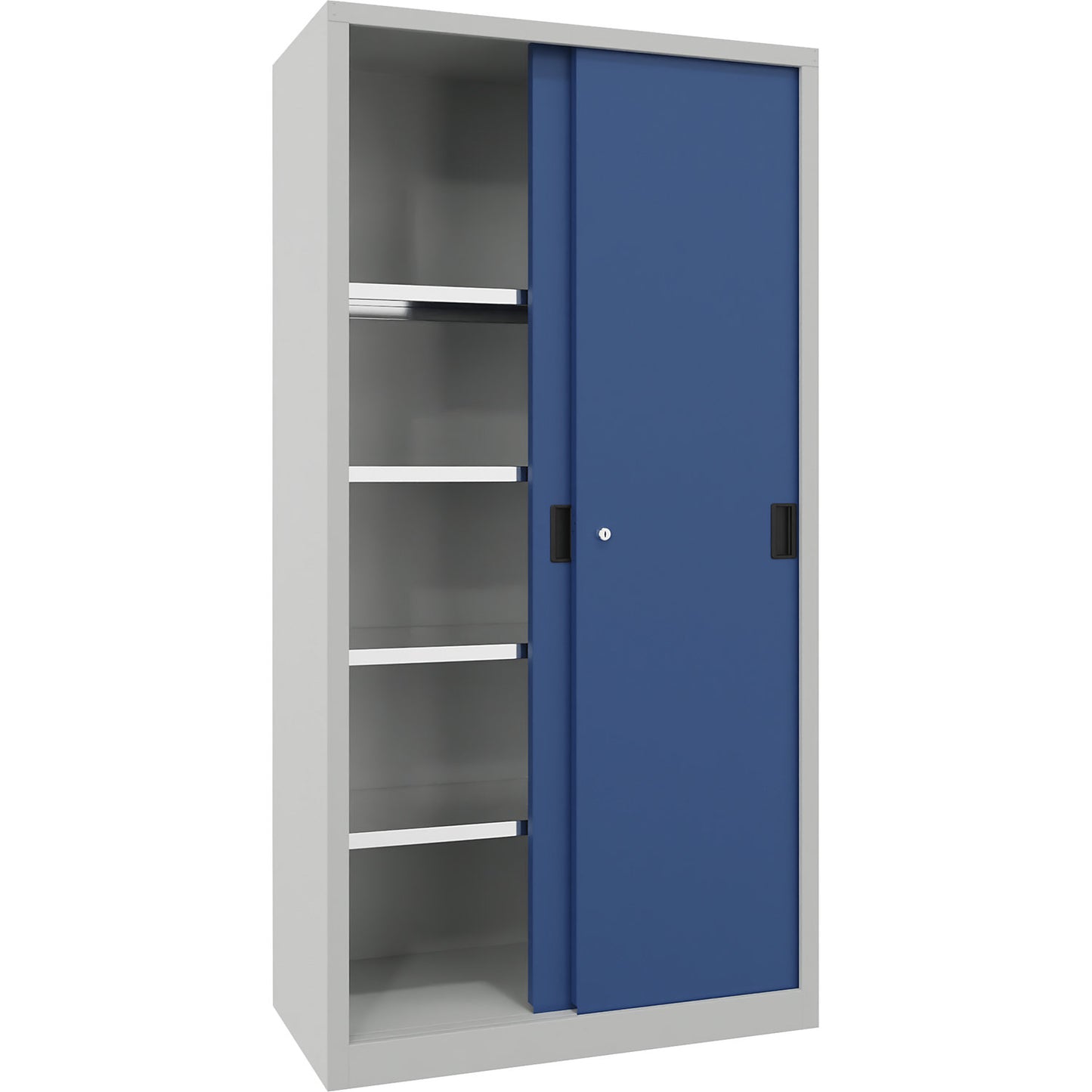 Sliding door cabinet, height 1950 mm, solid sheet metal doors, WxD 1000 x 500 mm, with 4 shelves, door gentian blue.