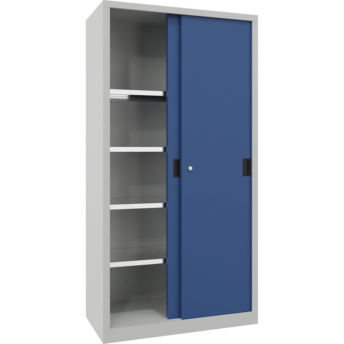 Sliding door cabinet, height 1950 mm, solid sheet metal doors, WxD 1000 x 500 mm, with 4 shelves, door gentian blue.