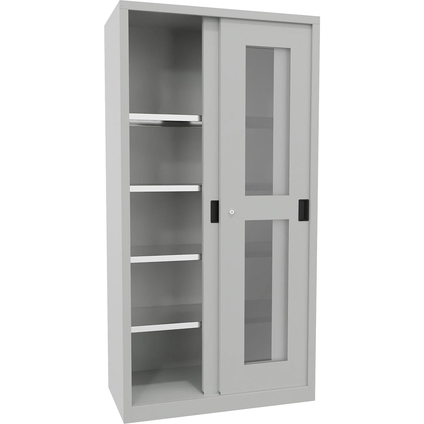 Sliding door cabinet, height 1950 mm, glazed doors, WxD 1000 x 500 mm, with 4 shelves, door light grey.