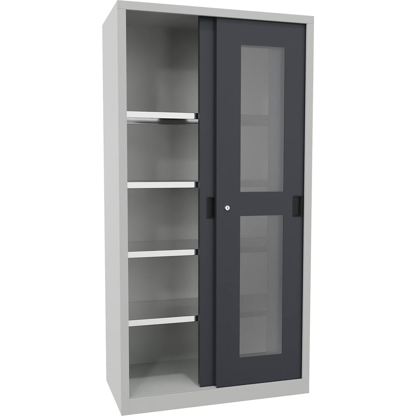 Sliding door cabinet, height 1950 mm, glazed doors, WxD 1000 x 500 mm, with 4 shelves, anthracite door.