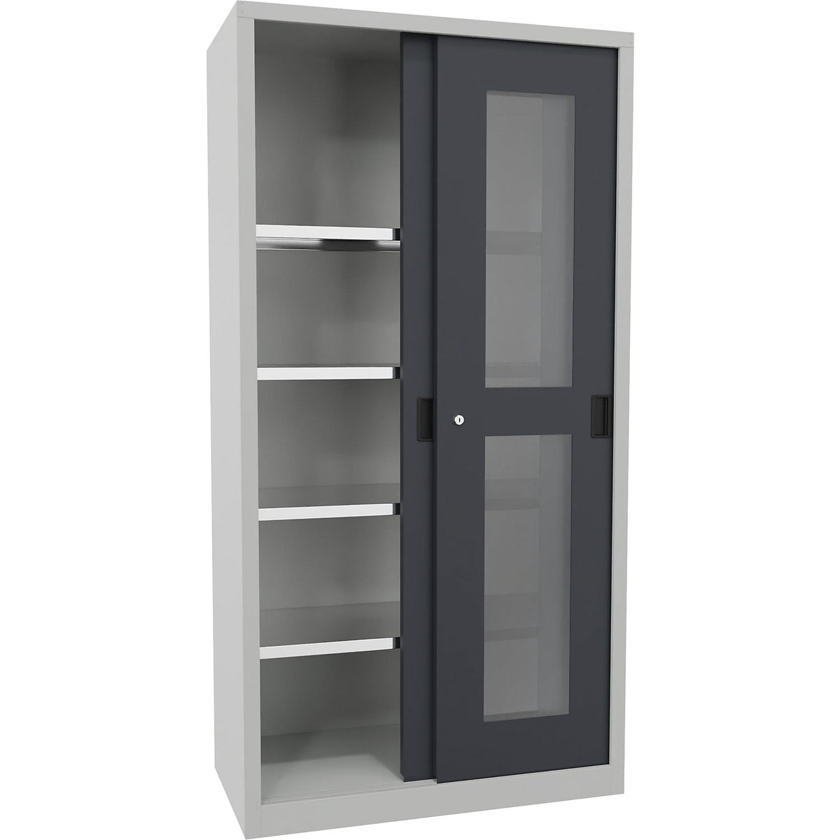 Sliding door cabinet, height 1950 mm, glazed doors, WxD 1000 x 500 mm, with 4 shelves, anthracite door.