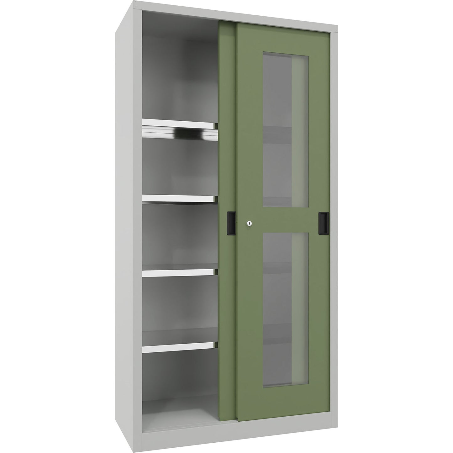 Sliding door cabinet, height 1950 mm, glazed doors, WxD 1000 x 500 mm, with 4 shelves, door reseda green.