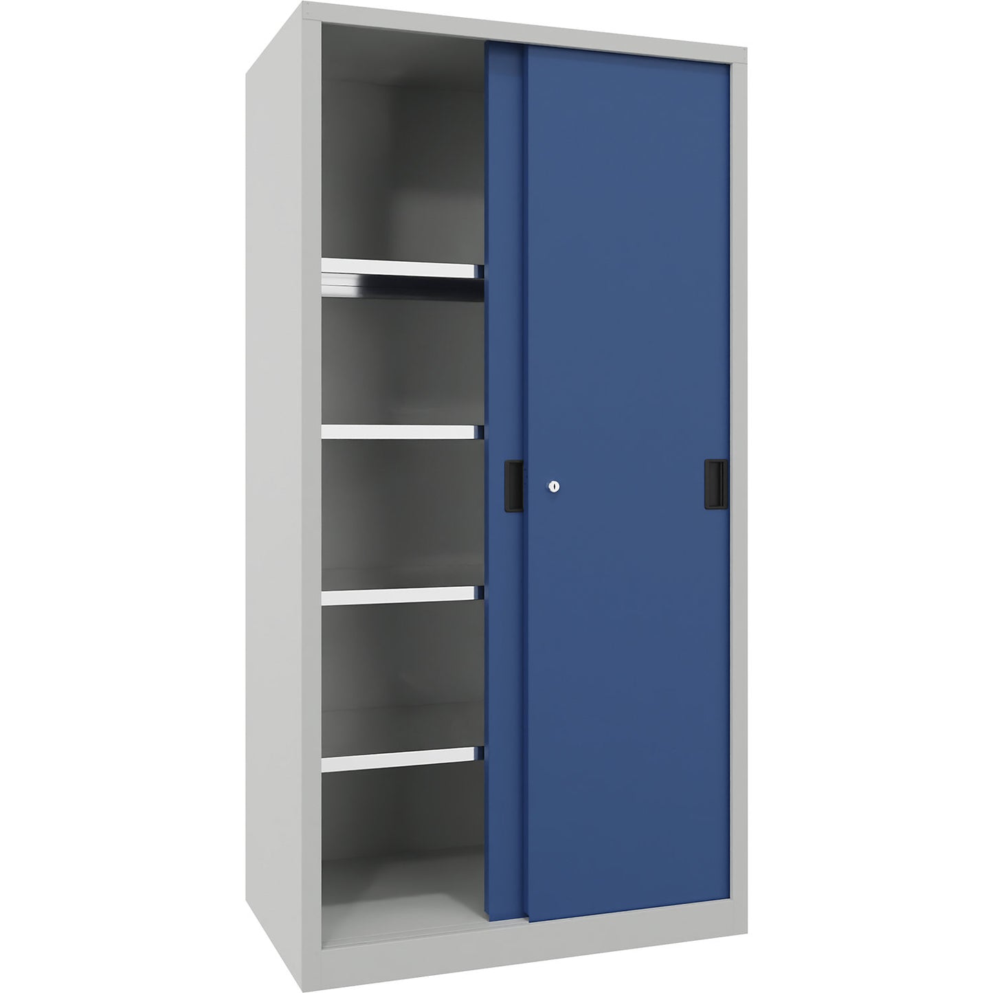 Sliding door cabinet, height 1950 mm, solid sheet metal doors, WxD 1000 x 600 mm, with 4 shelves, door gentian blue.