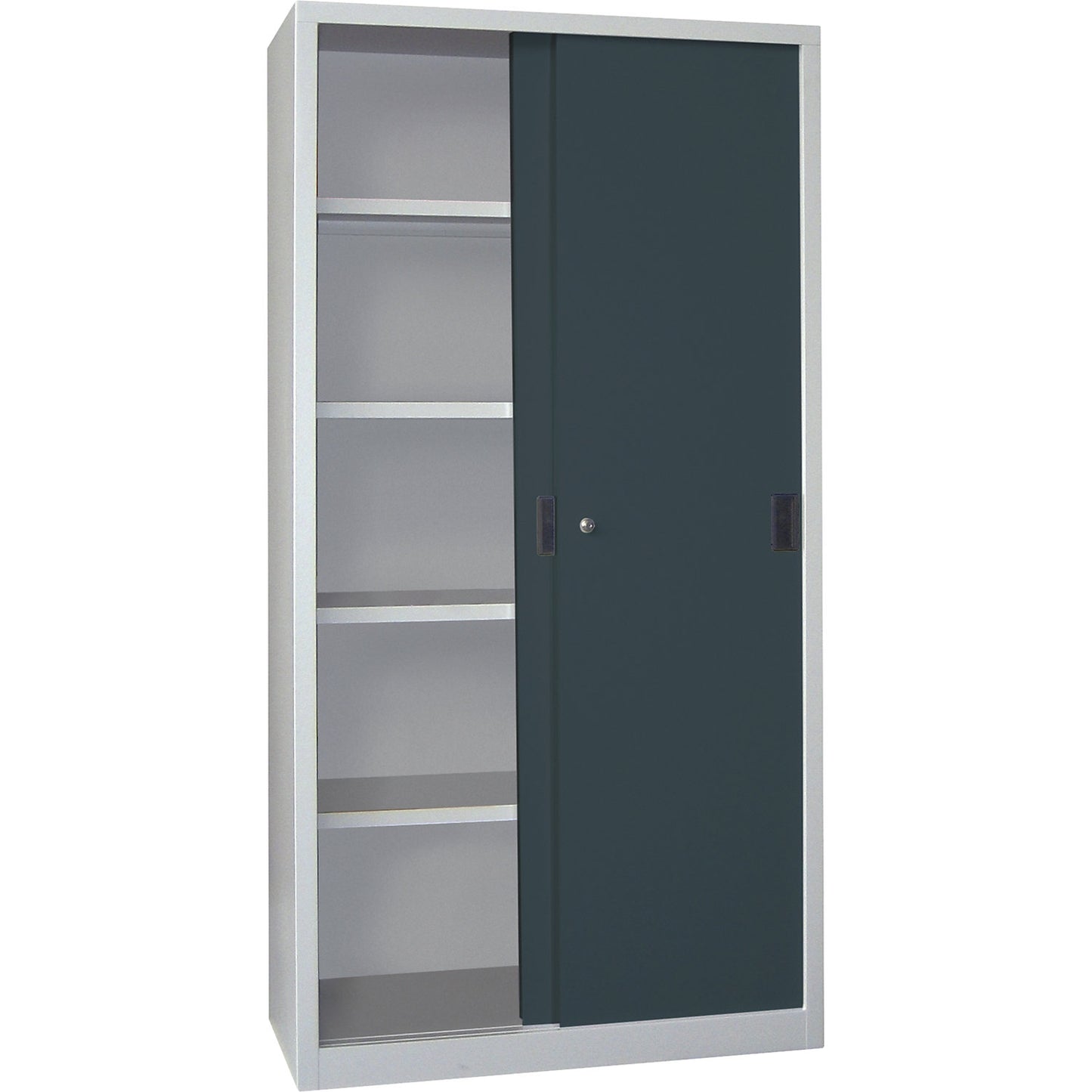 Sliding door cabinet, height 1950 mm, solid sheet metal doors, WxD 1000 x 600 mm, with 4 shelves, anthracite door.