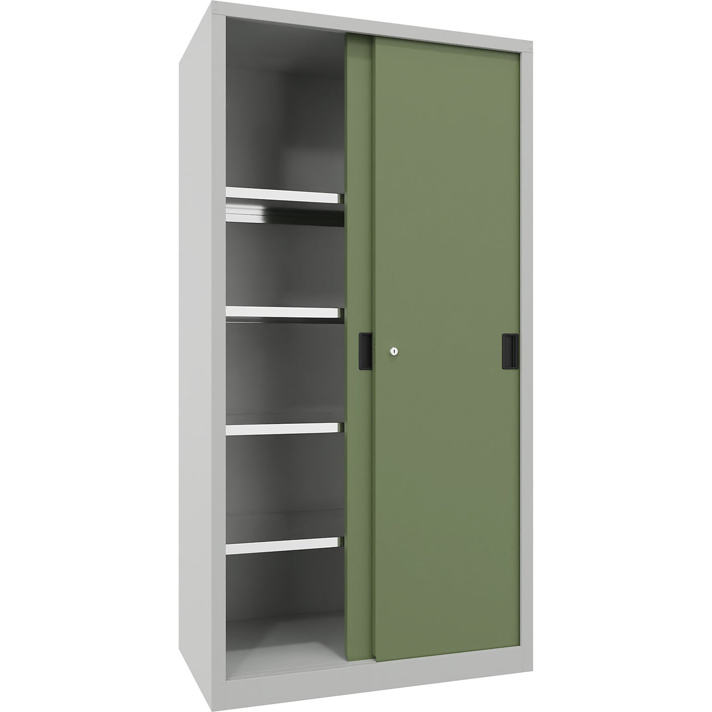 Sliding door cabinet, height 1950 mm, solid sheet metal doors, WxD 1000 x 600 mm, with 4 shelves, door reseda green.