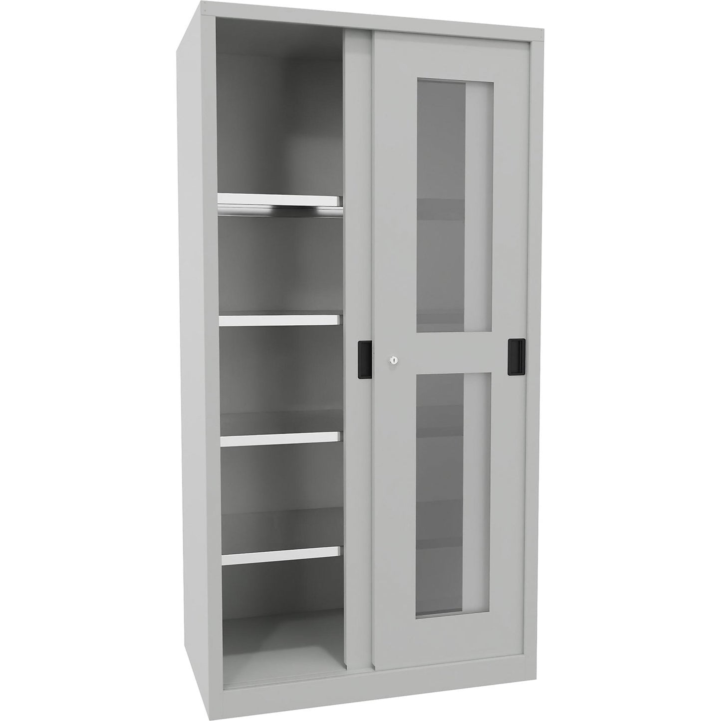 Sliding door cabinet, height 1950 mm, glazed doors, WxD 1000 x 600 mm, with 4 shelves, door light grey.