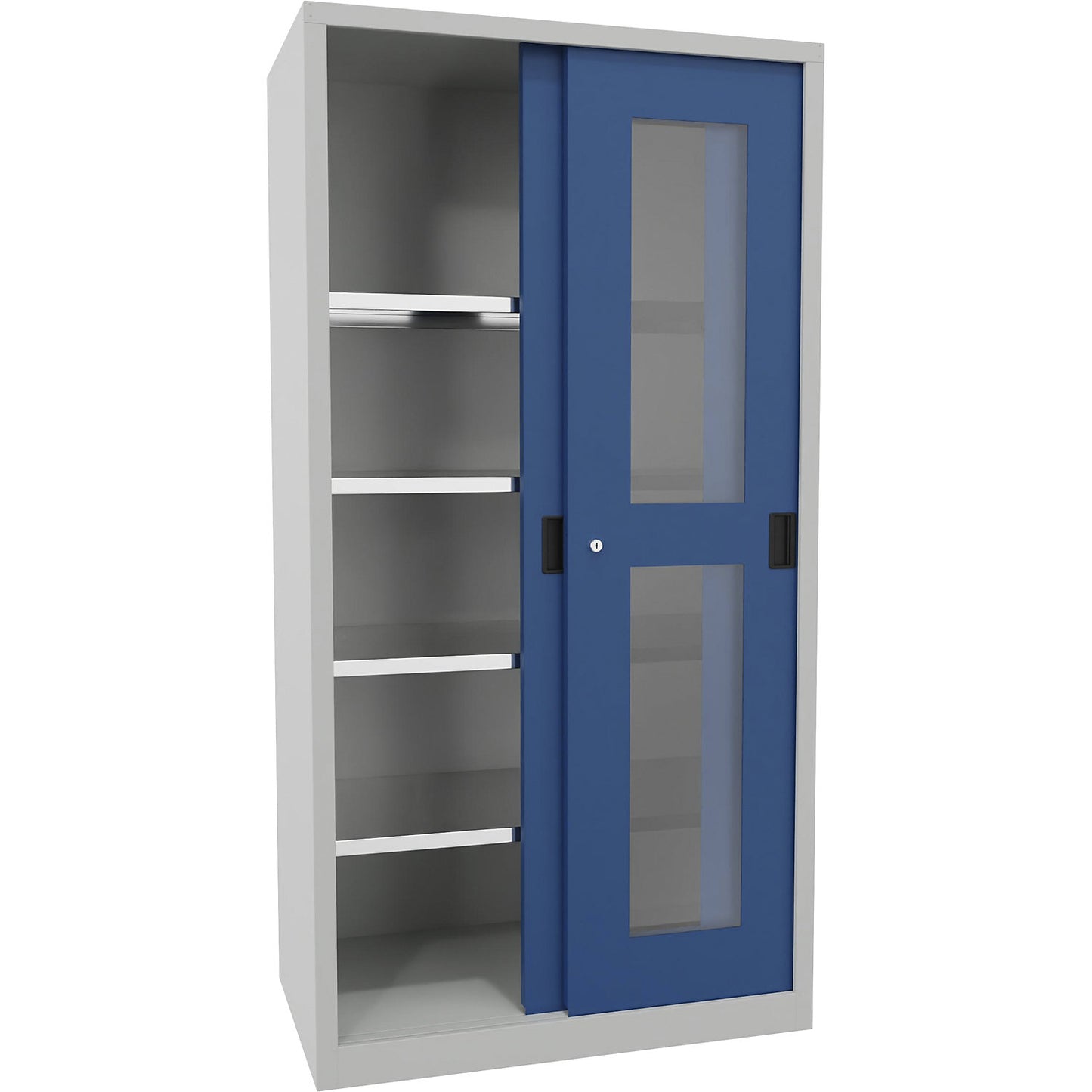 Sliding door cabinet, height 1950 mm, glazed doors, WxD 1000 x 600 mm, with 4 shelves, door gentian blue.
