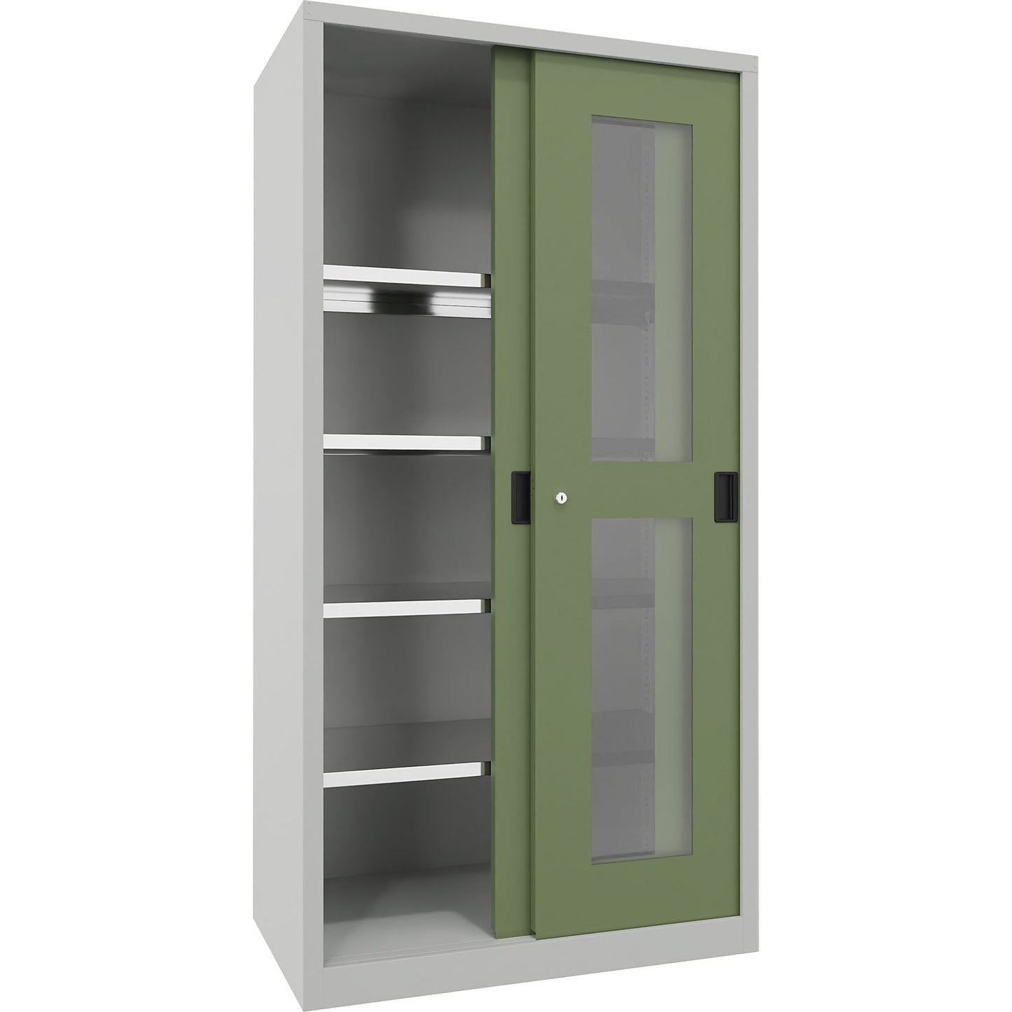 Sliding door cabinet, height 1950 mm, glazed doors, WxD 1000 x 600 mm, with 4 shelves, door reseda green.