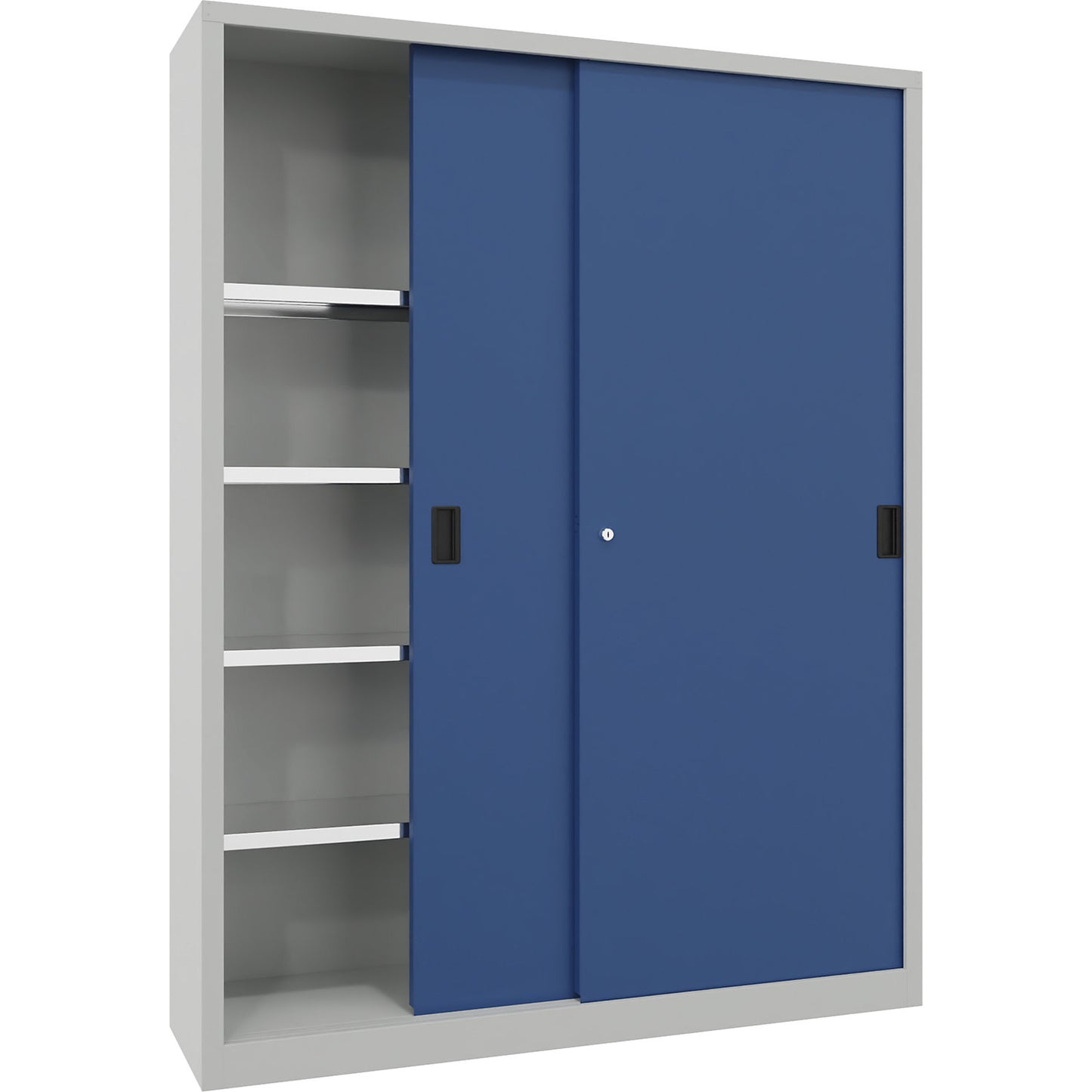 Sliding door cabinet, height 1950 mm, solid sheet metal doors, WxD 1500 x 400 mm, with divider and 2 x 4 shelves, door gentian blue.