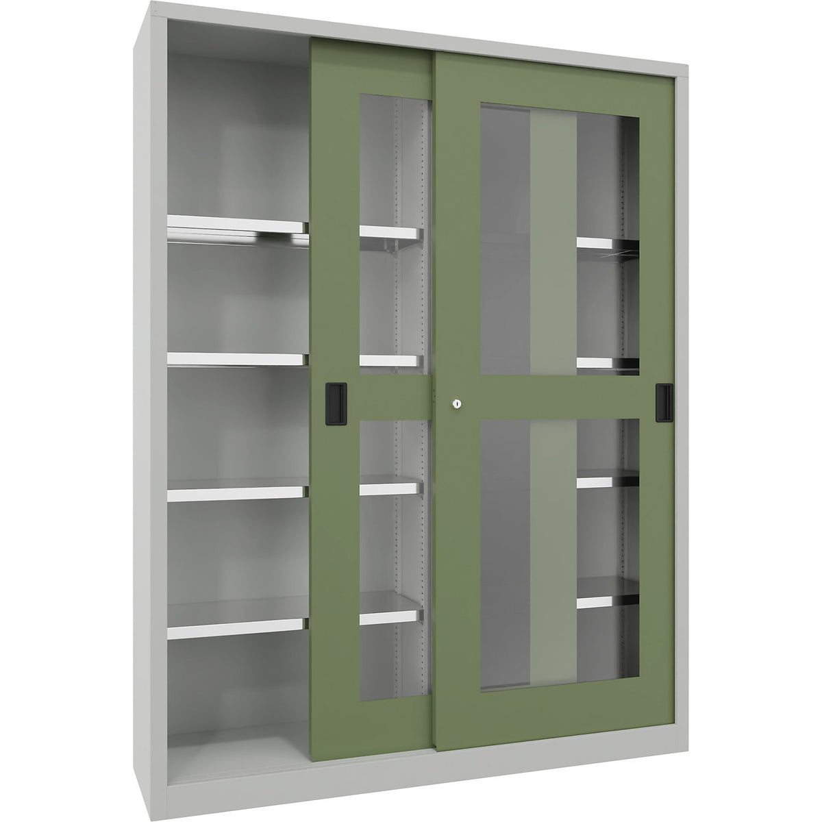 Sliding door cabinet, height 1950 mm, glazed doors, WxD 1500 x 400 mm, with divider and 2 x 4 shelves, door reseda green.