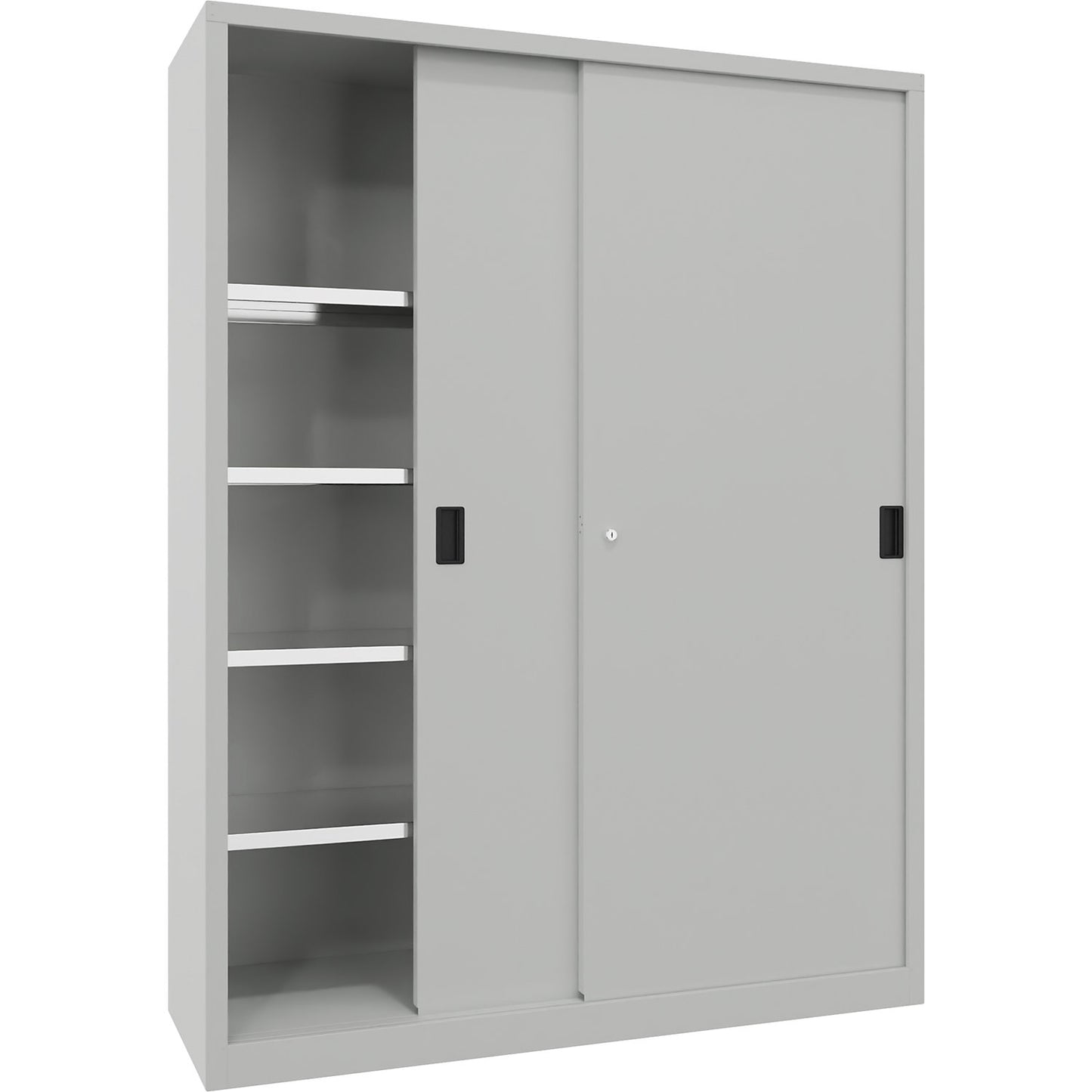 Sliding door cabinet, height 1950 mm, solid sheet metal doors, WxD 1500 x 500 mm, with divider and 2 x 4 shelves, door light grey.