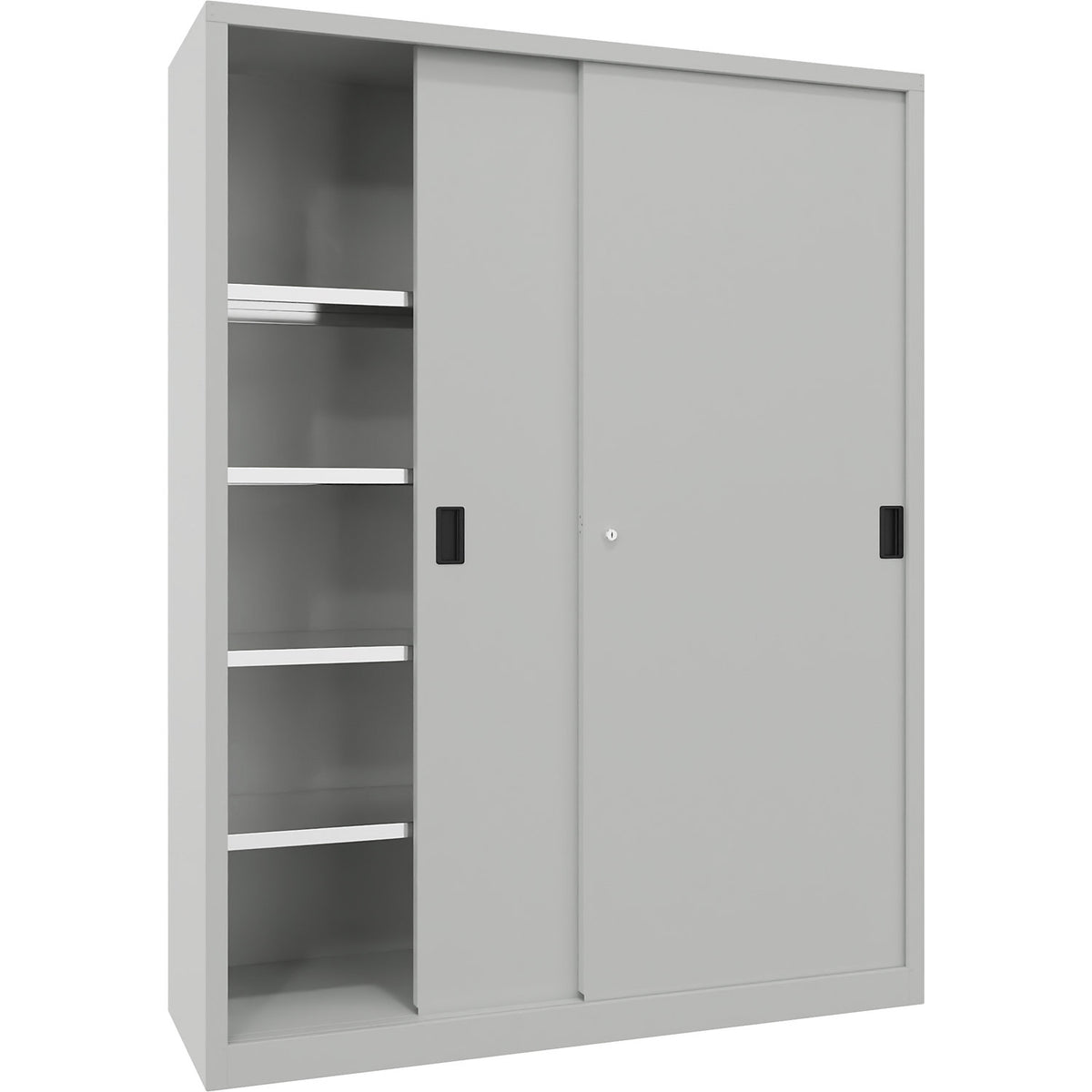 Sliding door cabinet, height 1950 mm, solid sheet metal doors, WxD 1500 x 500 mm, with divider and 2 x 4 shelves, door light grey.