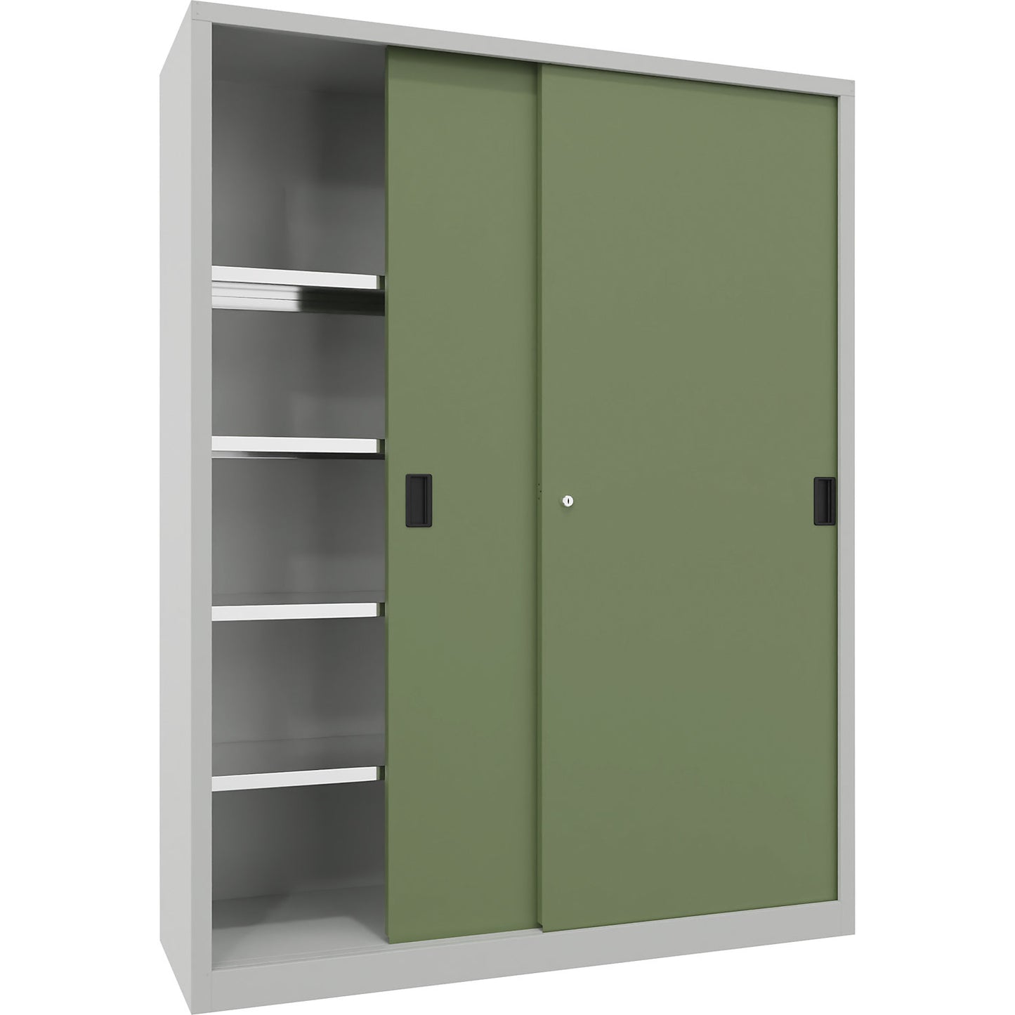 Sliding door cabinet, height 1950 mm, solid sheet metal doors, WxD 1500 x 500 mm, with divider and 2 x 4 shelves, door reseda green.