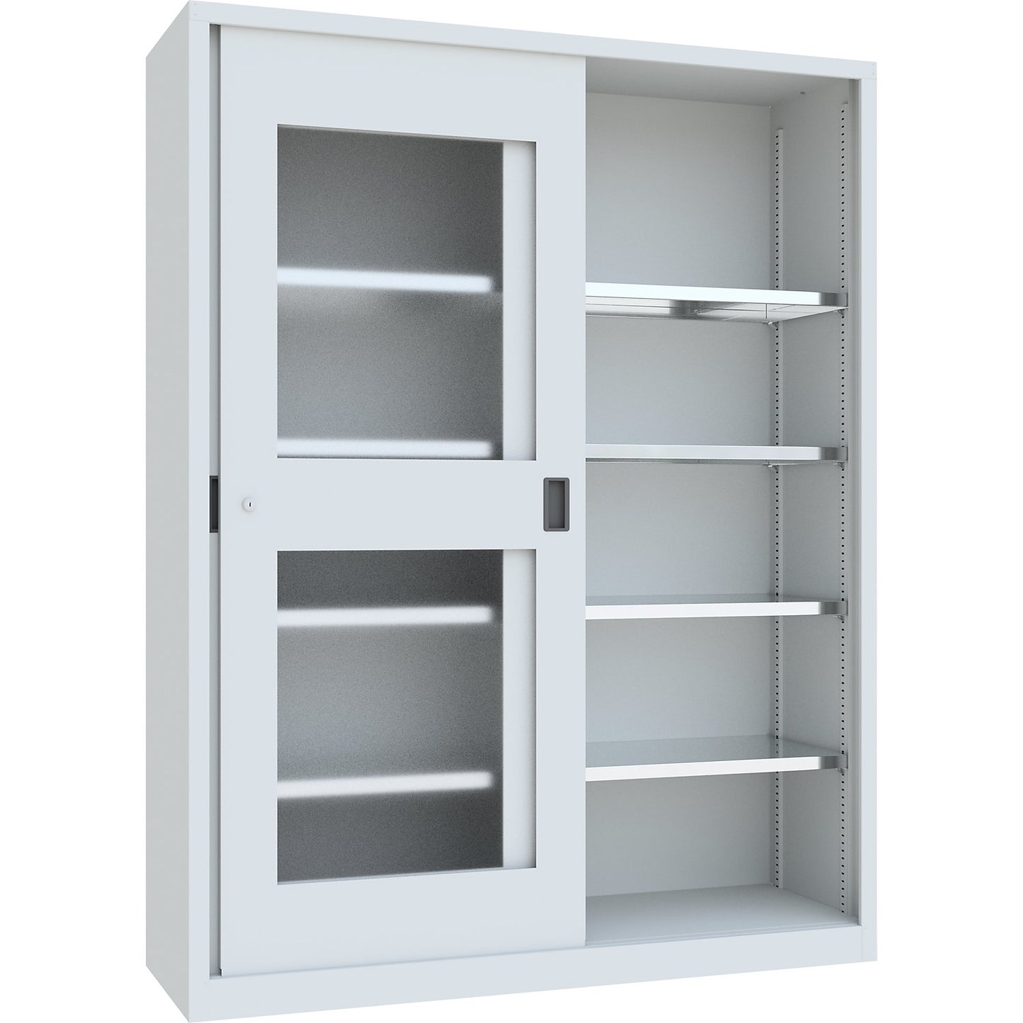 Sliding door cabinet, height 1950 mm, glazed doors, WxD 1500 x 500 mm, with divider and 2 x 4 shelves, door light grey.