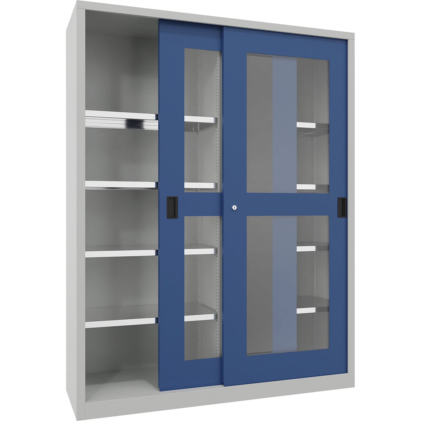 Sliding door cabinet, height 1950 mm, glazed doors, WxD 1500 x 500 mm, with divider and 2 x 4 shelves, door gentian blue.