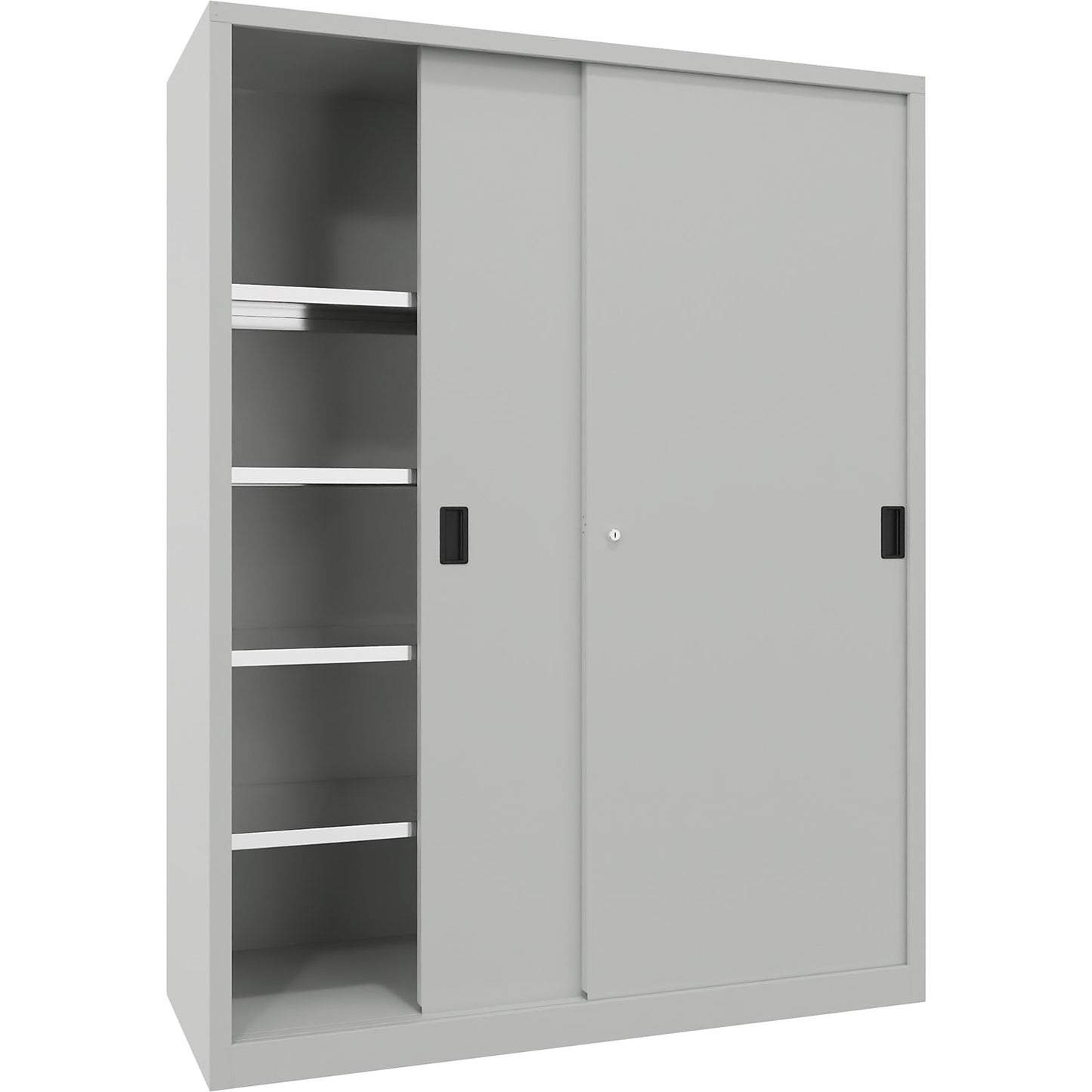 Sliding door cabinet, height 1950 mm, solid sheet metal doors, WxD 1500 x 600 mm, with divider and 2 x 4 shelves, door light grey.