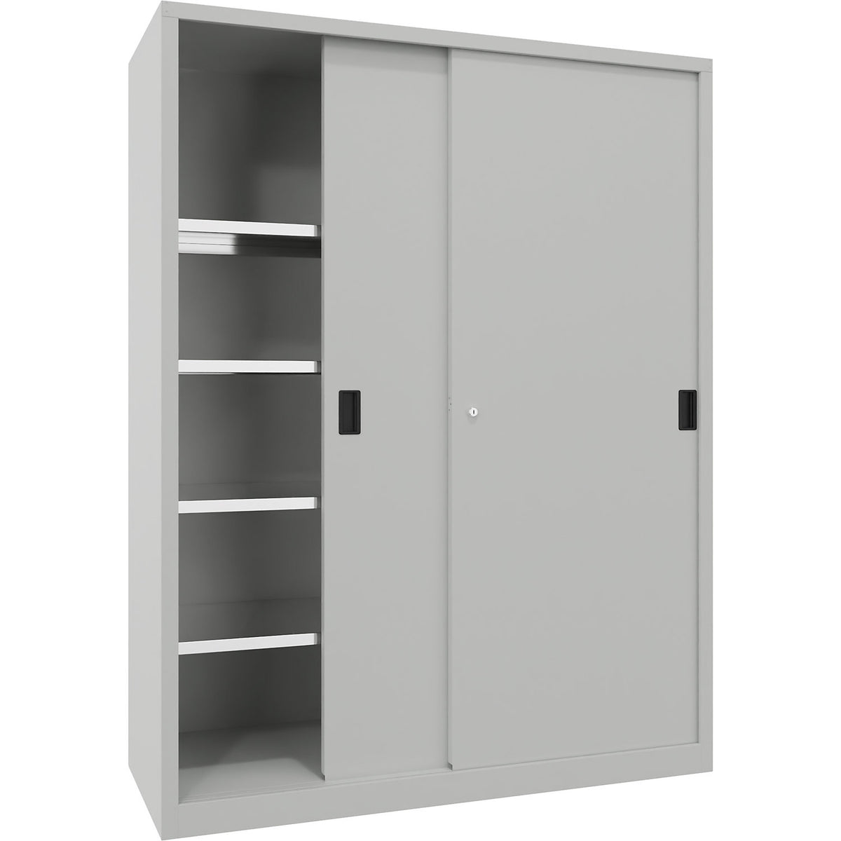 Sliding door cabinet, height 1950 mm, solid sheet metal doors, WxD 1500 x 600 mm, with divider and 2 x 4 shelves, door light grey.