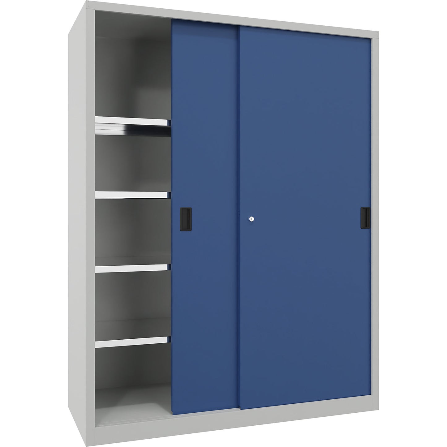 Sliding door cabinet, height 1950 mm, solid sheet metal doors, WxD 1500 x 600 mm, with divider and 2 x 4 shelves, door gentian blue.