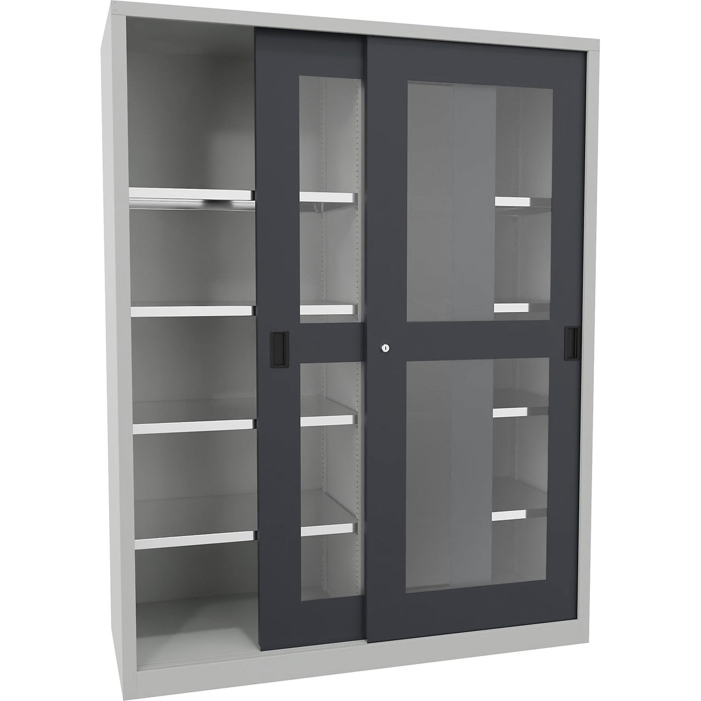 Sliding door cabinet, height 1950 mm, glazed doors, WxD 1500 x 600 mm, with divider and 2 x 4 shelves, anthracite door.