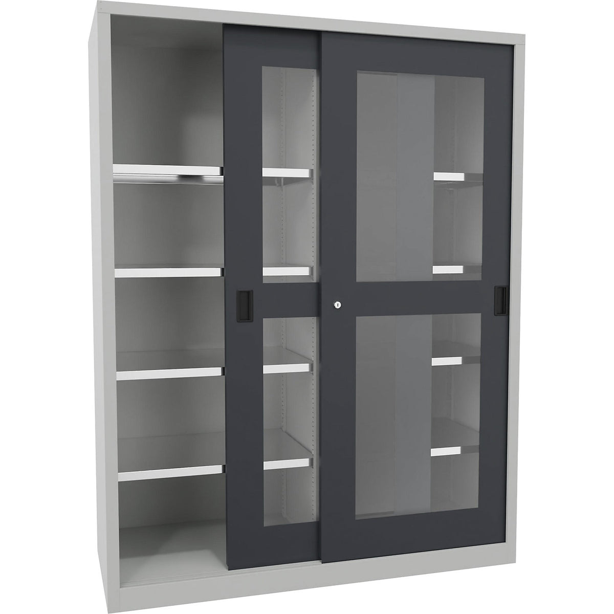 Sliding door cabinet, height 1950 mm, glazed doors, WxD 1500 x 600 mm, with divider and 2 x 4 shelves, anthracite door.