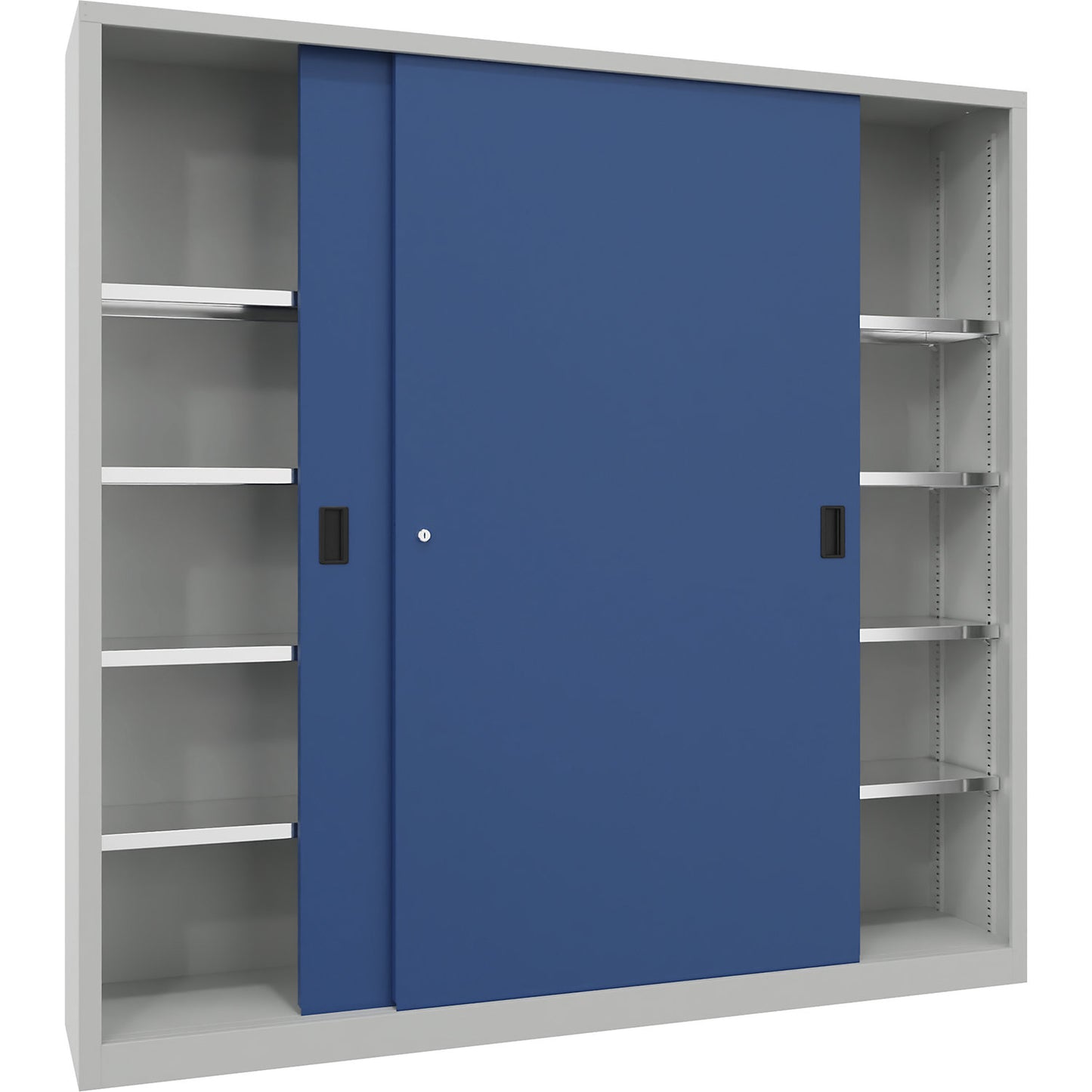 Sliding door cabinet, height 1950 mm, solid sheet metal doors, WxD 2000 x 400 mm, with divider and 2 x 4 shelves, door gentian blue.