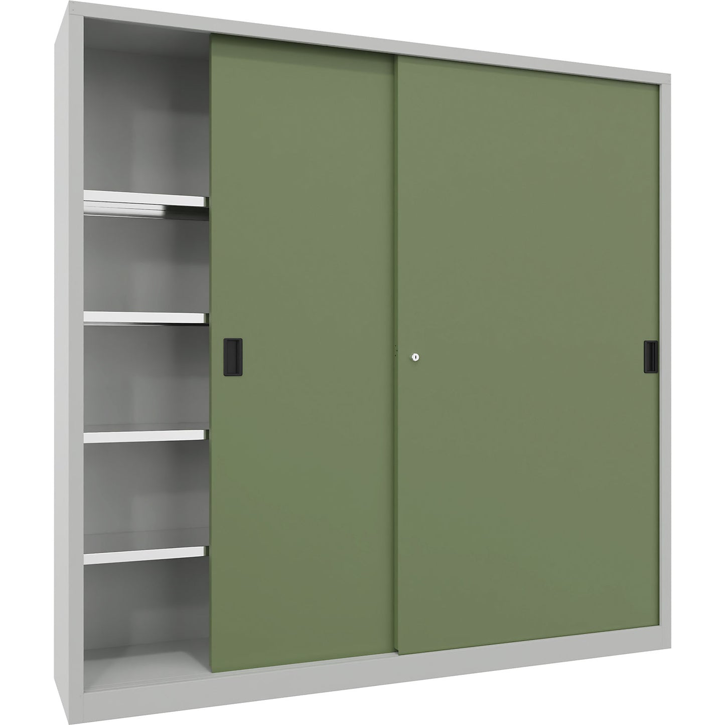 Sliding door cabinet, height 1950 mm, solid sheet metal doors, WxD 2000 x 400 mm, with divider and 2 x 4 shelves, door reseda green.