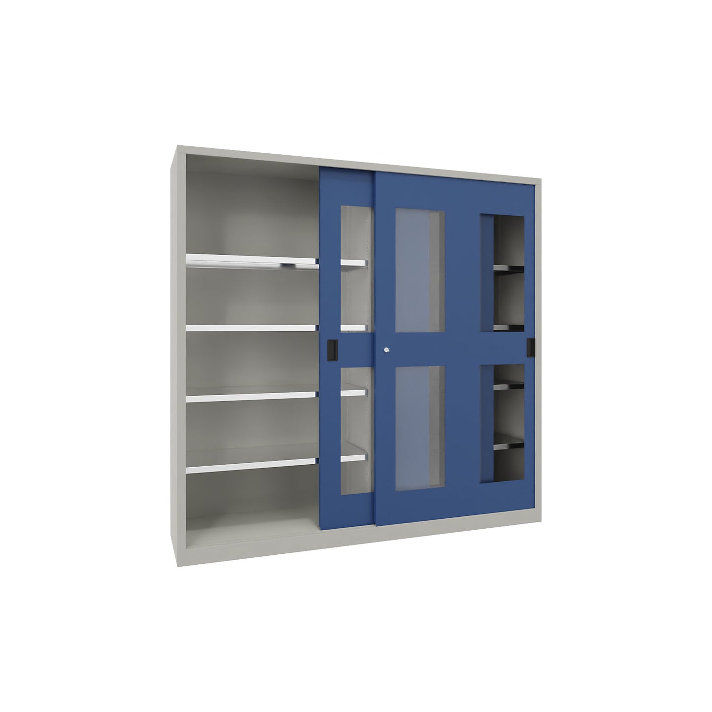 Sliding door cabinet, height 1950 mm, glazed doors, WxD 2000 x 400 mm, with divider and 2 x 4 shelves, door gentian blue.