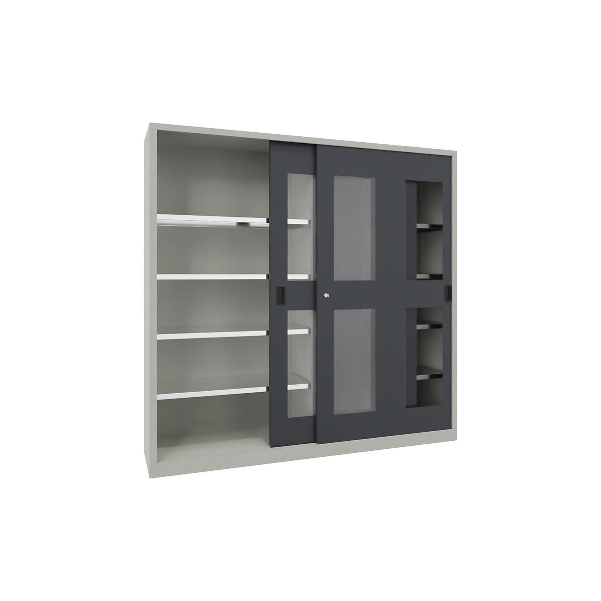 Sliding door cabinet, height 1950 mm, glazed doors, WxD 2000 x 400 mm, with divider and 2 x 4 shelves, anthracite door.