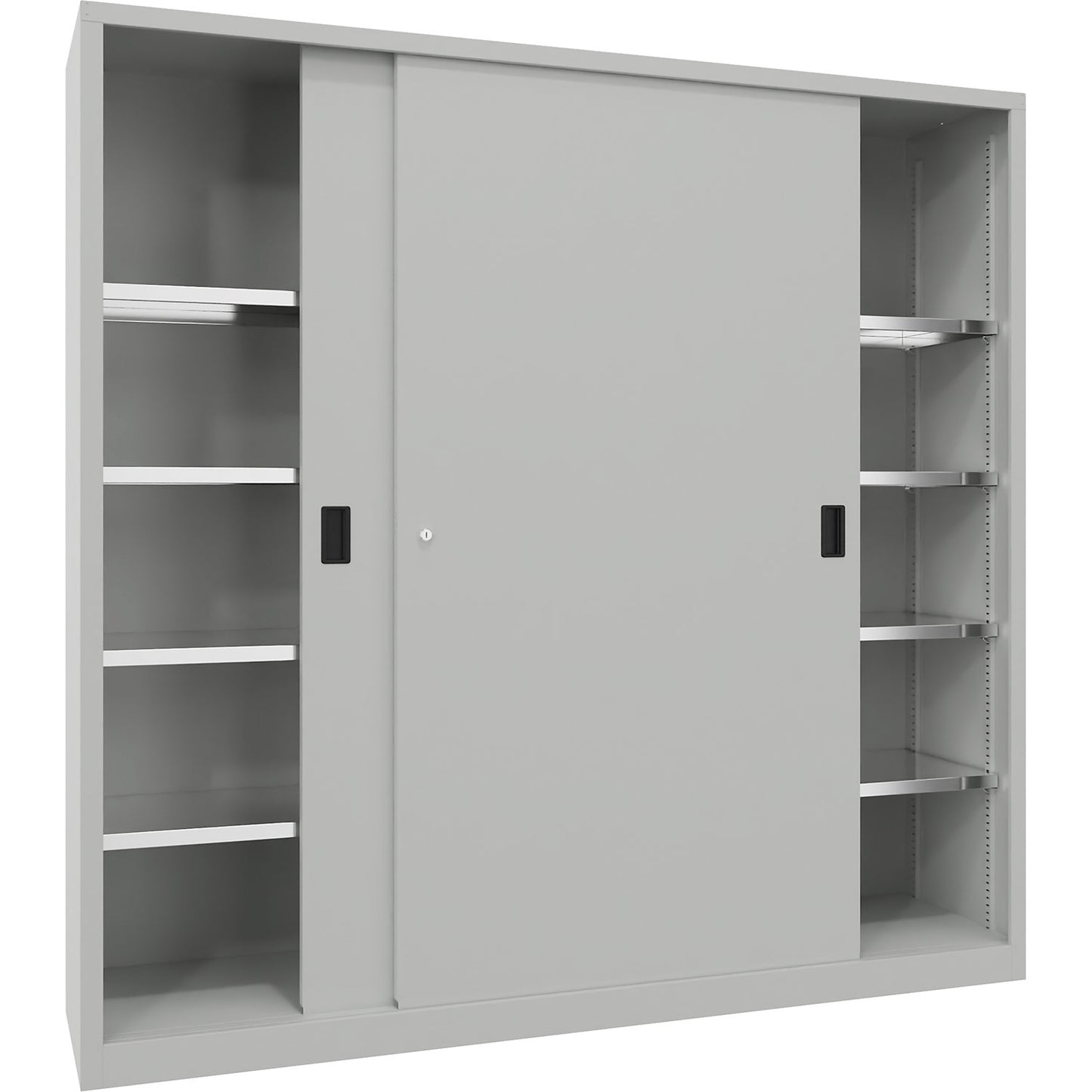Sliding door cabinet, height 1950 mm, solid sheet metal doors, WxD 2000 x 500 mm, with divider and 2 x 4 shelves, door light grey.