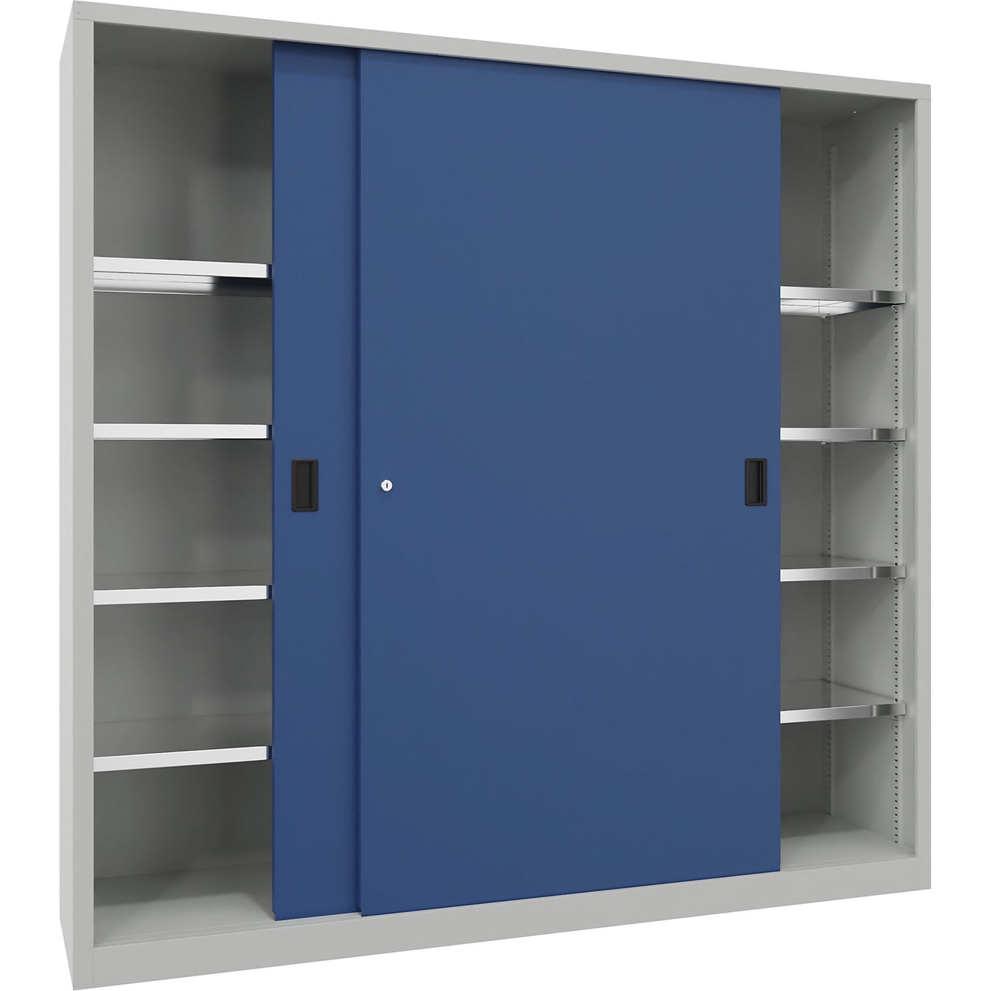 Sliding door cabinet, height 1950 mm, solid sheet metal doors, WxD 2000 x 500 mm, with divider and 2 x 4 shelves, door gentian blue.