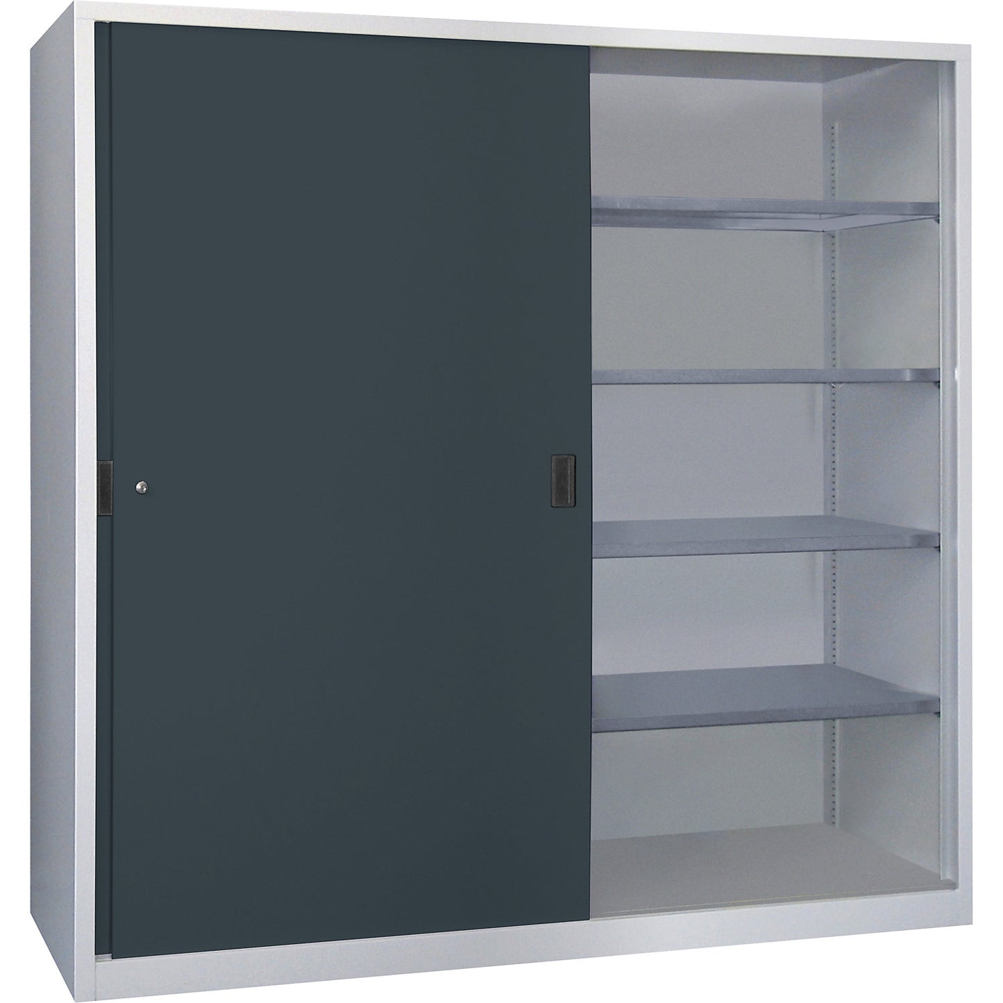 Sliding door cabinet, height 1950 mm, solid sheet metal doors, WxD 2000 x 500 mm, with divider and 2 x 4 shelves, anthracite door.