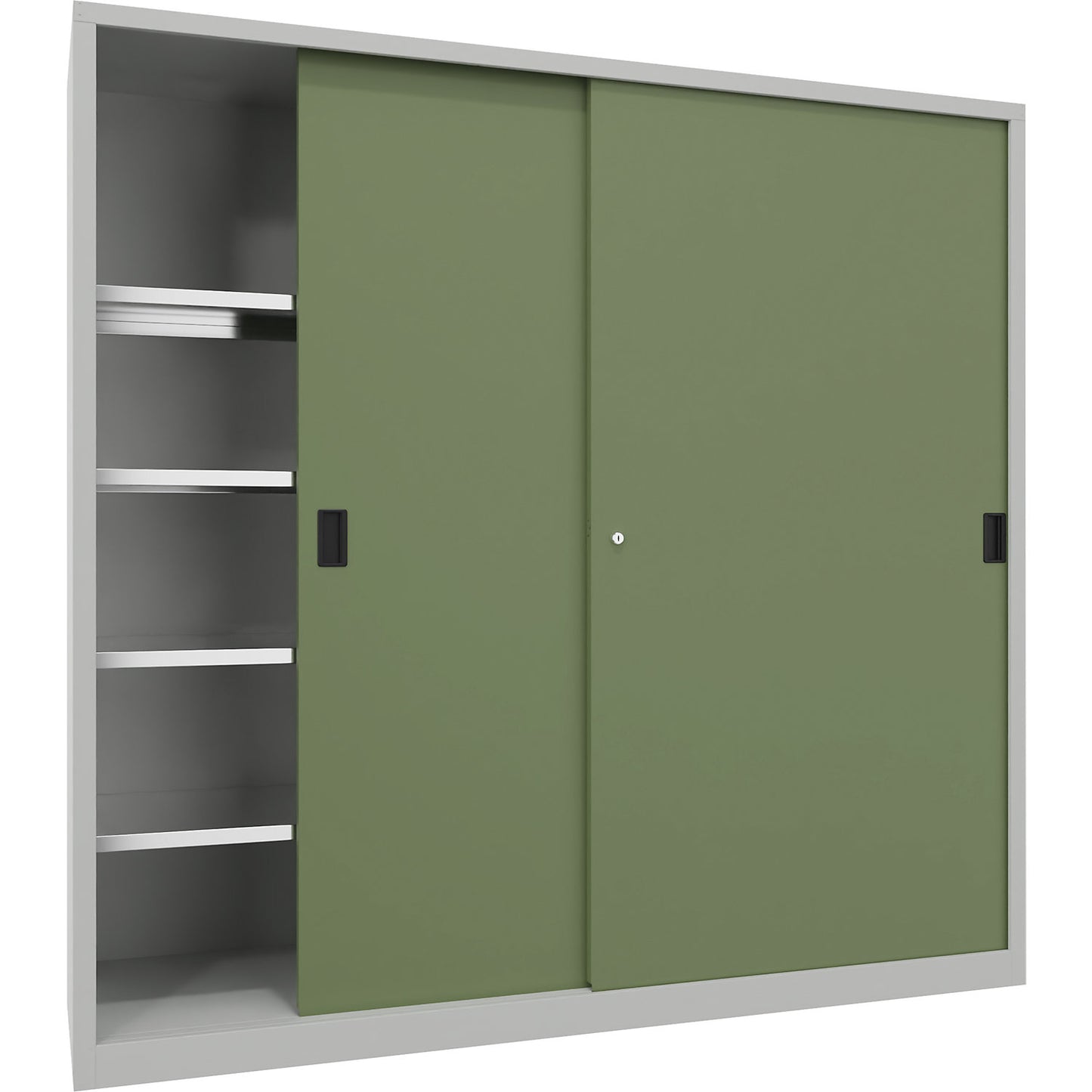 Sliding door cabinet, height 1950 mm, solid sheet metal doors, WxD 2000 x 600 mm, with divider and 2 x 4 shelves, door reseda green.
