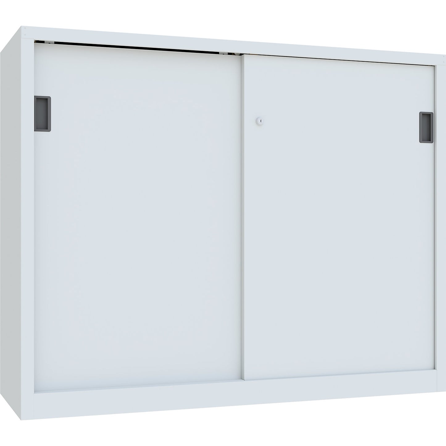 Heavy-duty sliding door cupboard, height 1200 mm, solid sheet metal doors, WxD 1500 x 500 mm, with divider and 2 x 2 shelves, door light grey.