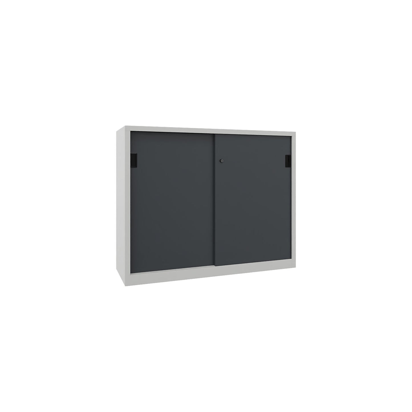 Heavy-duty sliding door cupboard, height 1200 mm, solid sheet metal doors, WxD 1500 x 500 mm, with divider and 2 x 2 shelves, door anthracite.