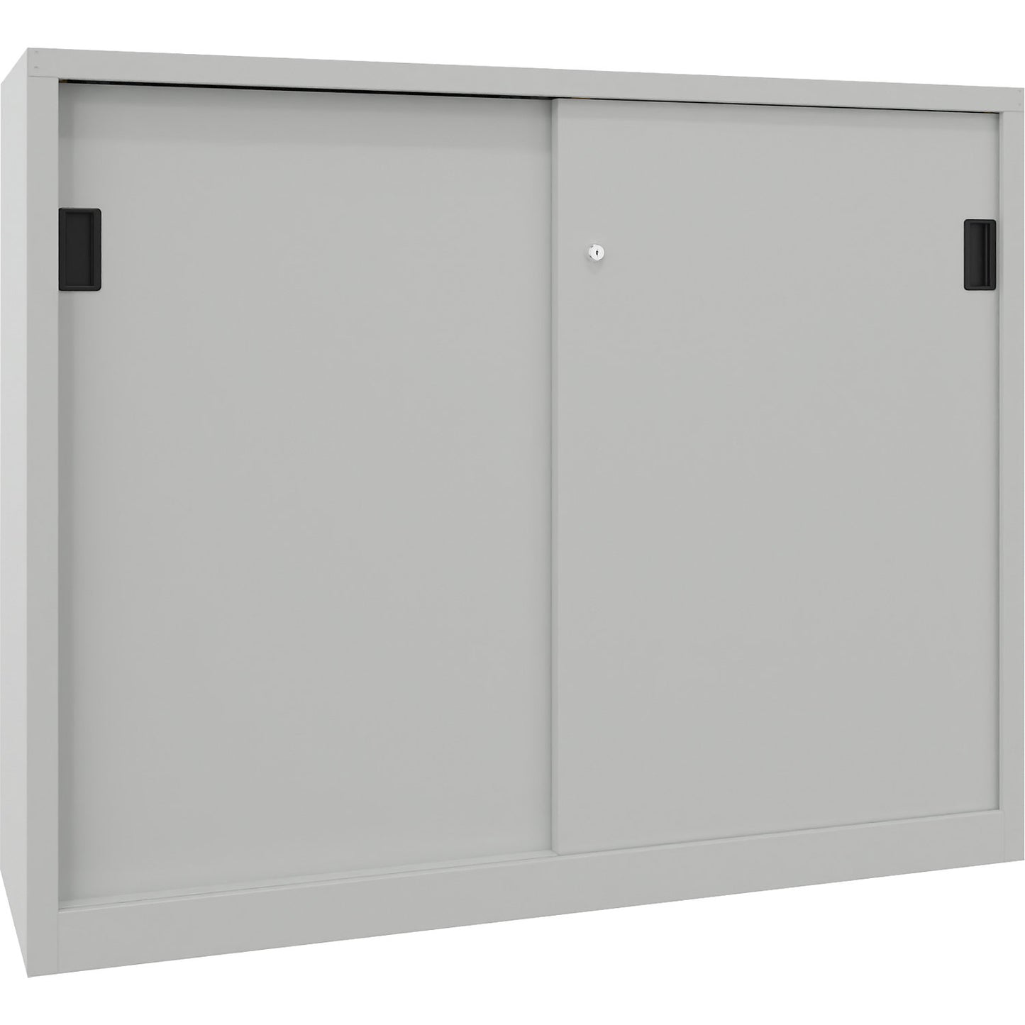 Heavy-duty sliding door cupboard, height 1200 mm, solid sheet metal doors, WxD 1500 x 600 mm, with divider and 2 x 2 shelves, door light grey.