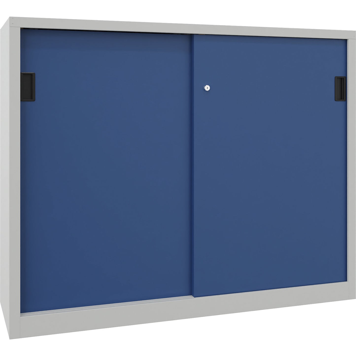 Heavy-duty sliding door cupboard, height 1200 mm, solid sheet metal doors, WxD 1500 x 600 mm, with divider and 2 x 2 shelves, door gentian blue.