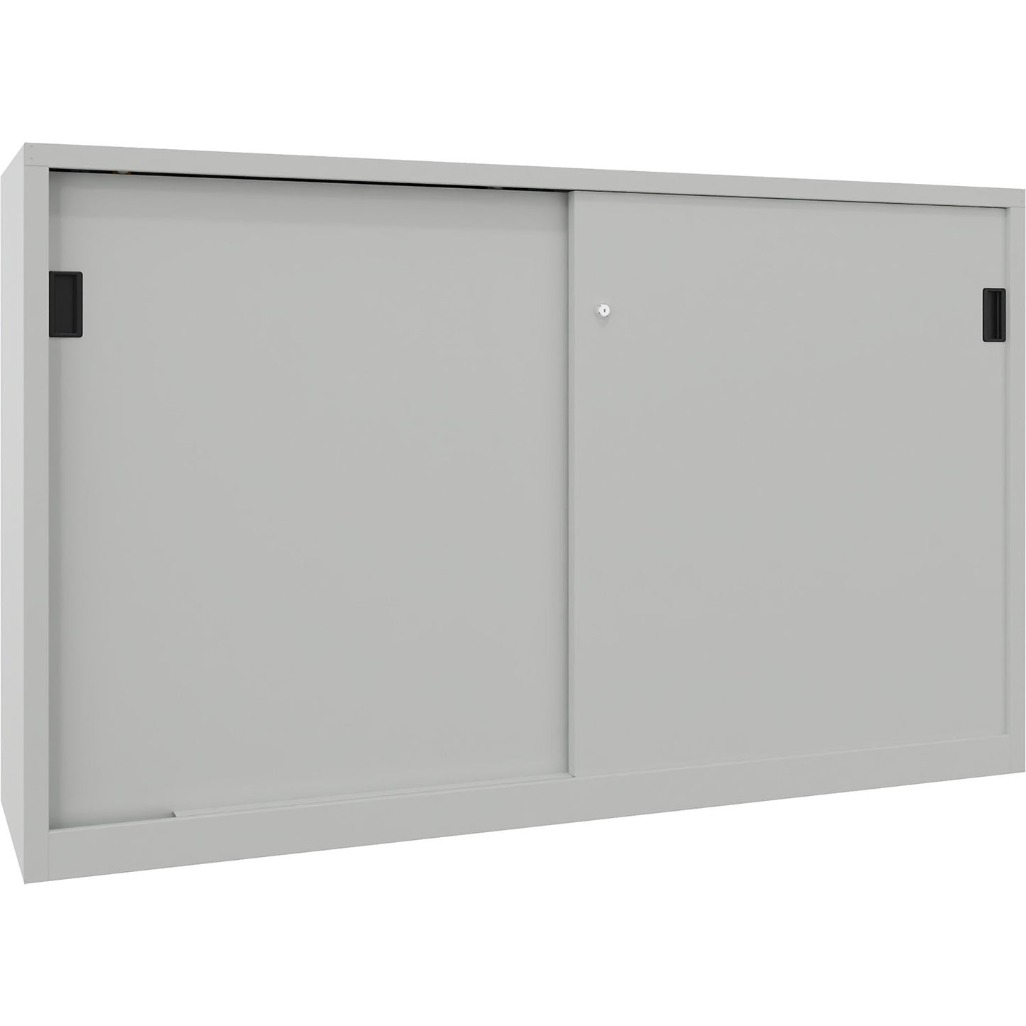Heavy-duty sliding door cupboard, height 1200 mm, solid sheet metal doors, WxD 2000 x 500 mm, with divider and 2 x 2 shelves, door light grey.