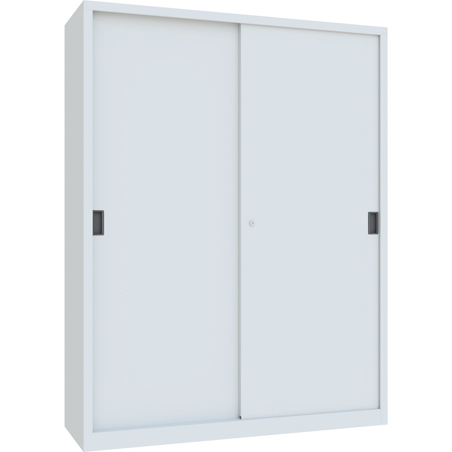 Heavy-duty sliding door cupboard, height 1950 mm, solid sheet metal doors, WxD 1500 x 500 mm, with divider and 2 x 4 shelves, door light grey.