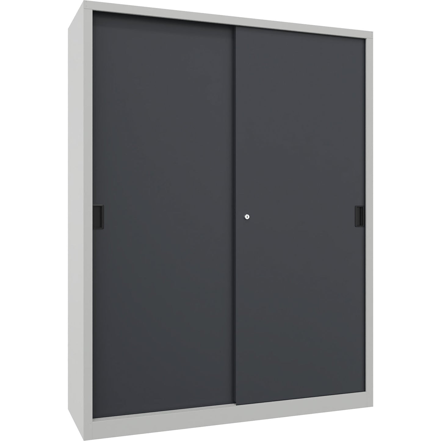 Heavy-duty sliding door cupboard, height 1950 mm, solid sheet metal doors, WxD 1500 x 500 mm, with divider and 2 x 4 shelves, anthracite door.
