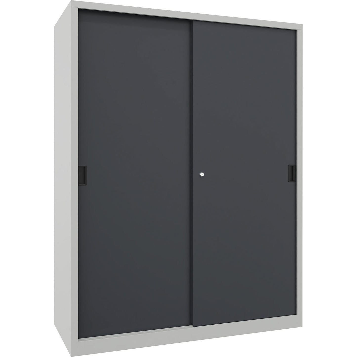 Heavy-duty sliding door cupboard, height 1950 mm, solid sheet metal doors, WxD 1500 x 600 mm, with divider and 2 x 4 shelves, anthracite door.