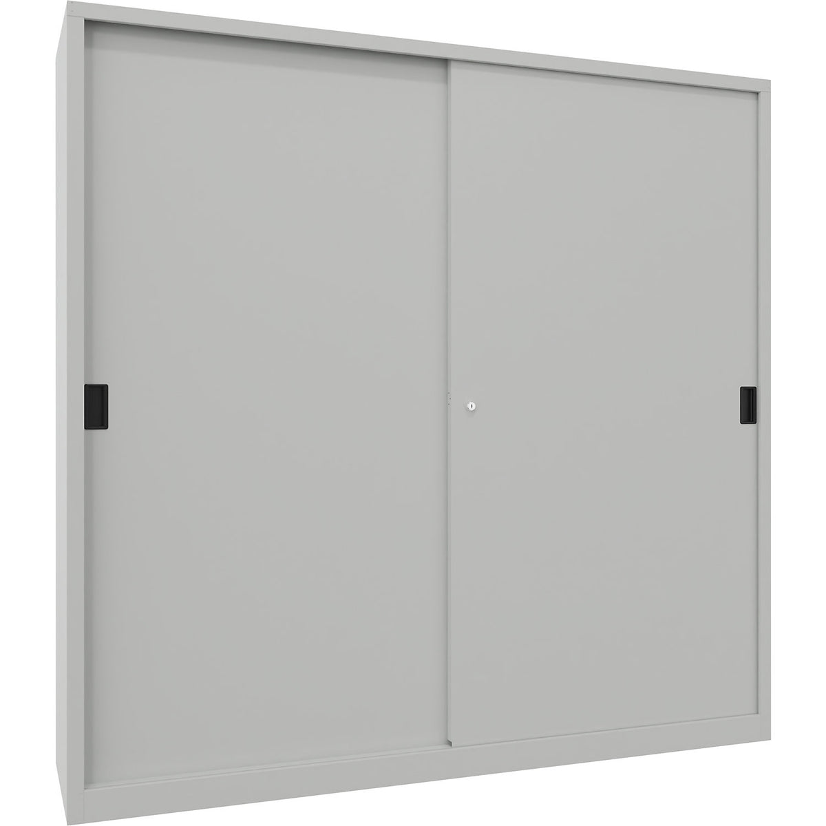 Heavy-duty sliding door cupboard, height 1950 mm, solid sheet metal doors, WxD 2000 x 500 mm, with divider and 2 x 4 shelves, door light grey.