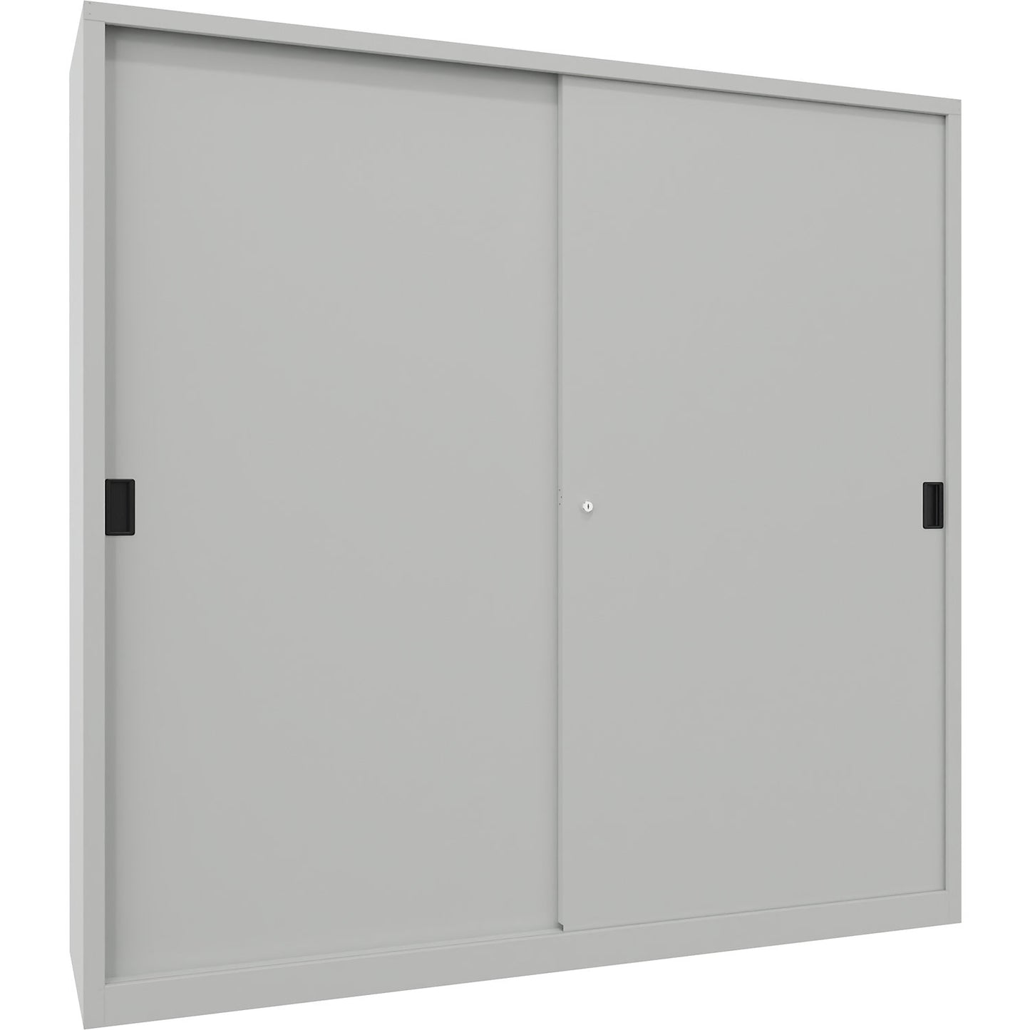 Heavy-duty sliding door cupboard, height 1950 mm, solid sheet metal doors, WxD 2000 x 500 mm, with divider and 2 x 4 shelves, door light grey.