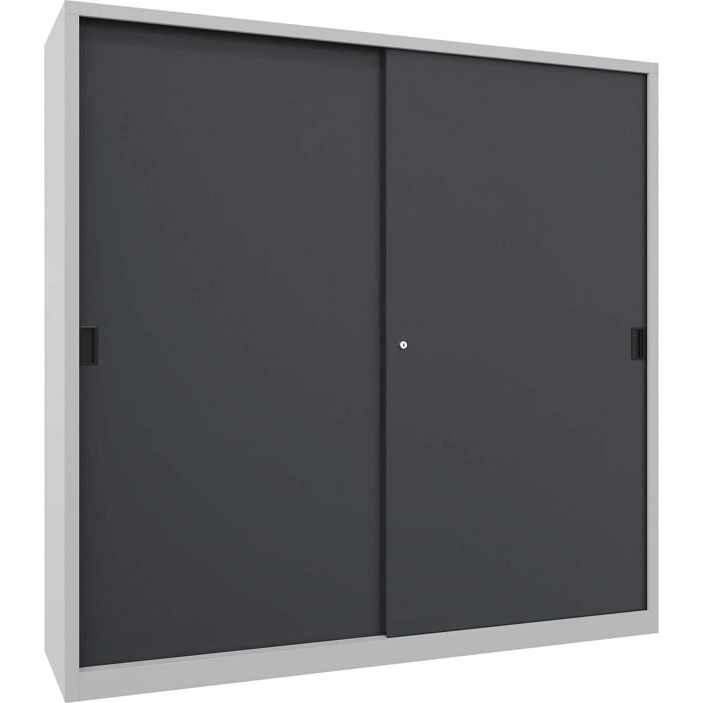 Heavy-duty sliding door cupboard, height 1950 mm, solid sheet metal doors, WxD 2000 x 500 mm, with divider and 2 x 4 shelves, anthracite door.