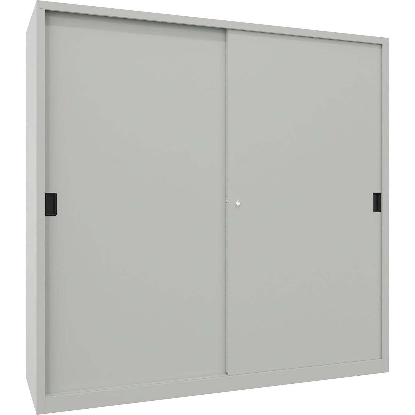 Heavy-duty sliding door cupboard, height 1950 mm, solid sheet metal doors, WxD 2000 x 600 mm, with divider and 2 x 4 shelves, door light grey.