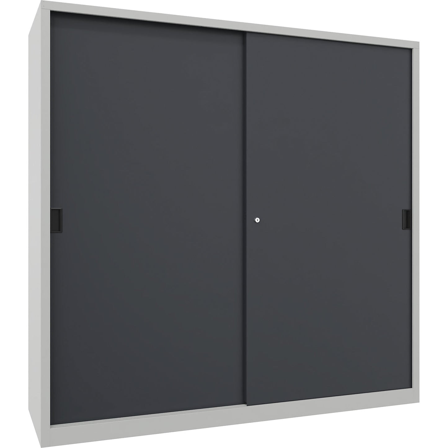 Heavy-duty sliding door cupboard, height 1950 mm, solid sheet metal doors, WxD 2000 x 600 mm, with divider and 2 x 4 shelves, anthracite door.