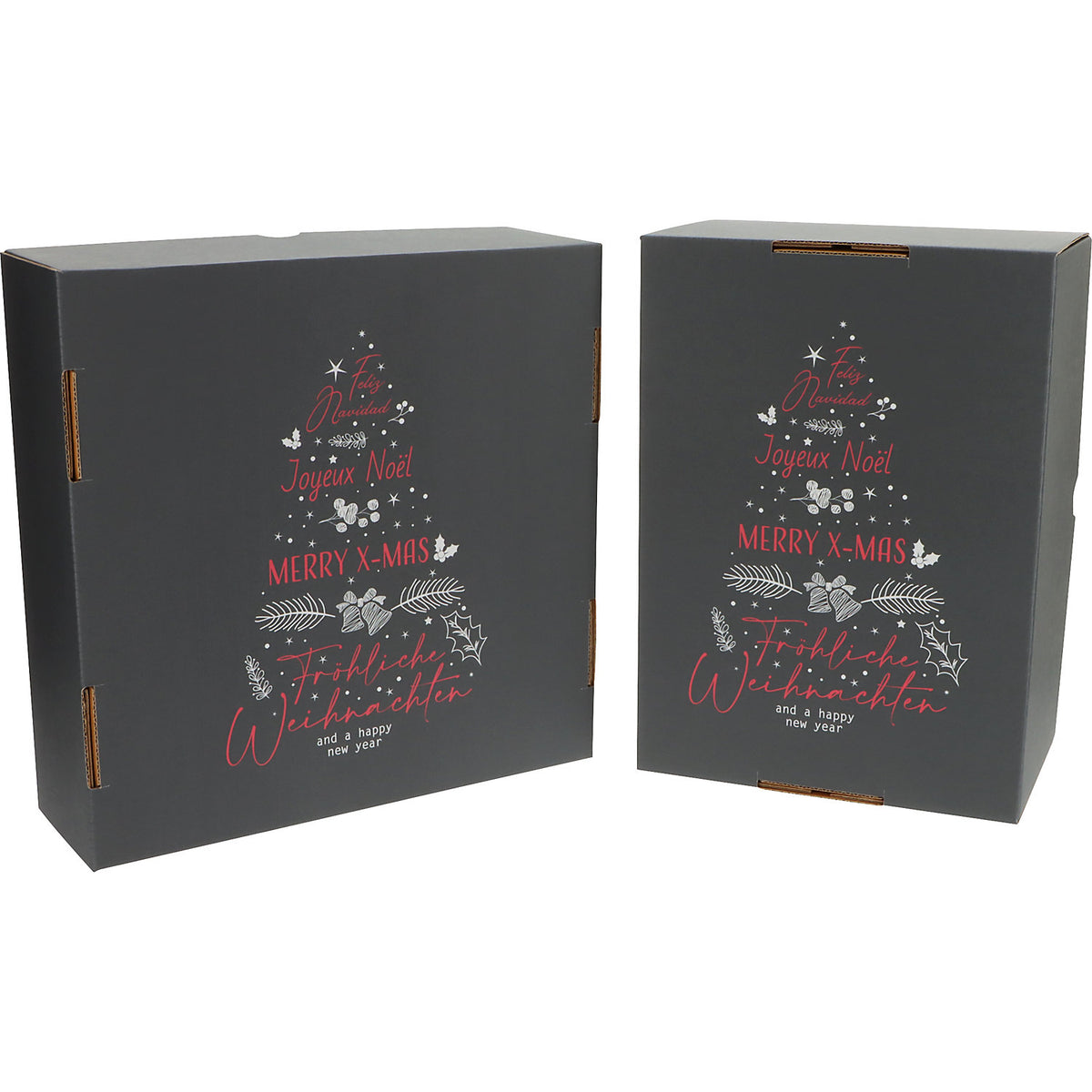 International Christmas Tree pattern cardboard box with push-on lid, pack of 25, internal dimensions 305 x 215 x 150 mm, charcoal.