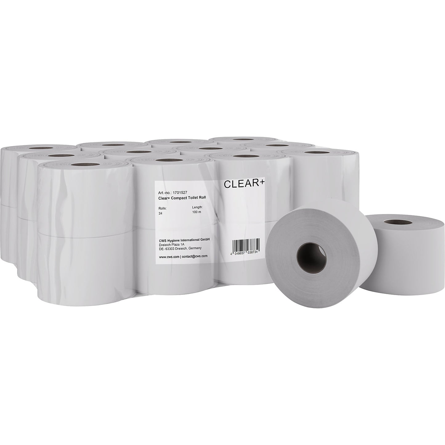 Clear+ compact toilet paper rolls, 2-ply, pack of 24, 100 m per roll.
