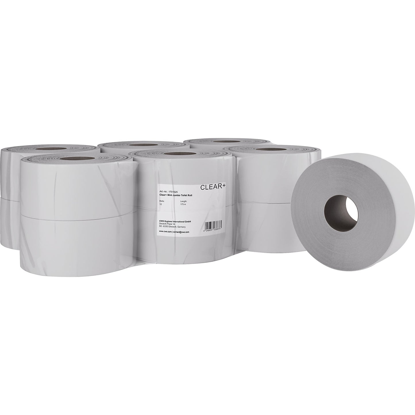 Clear+ toilet paper, 2-ply, pack of 12, 175 m per roll.