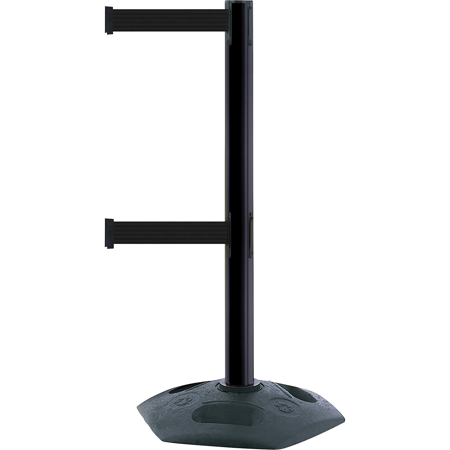 Heavy duty Dualline belt barrier post, belt extension 3650 mm, pack of 2, black post, black belt.