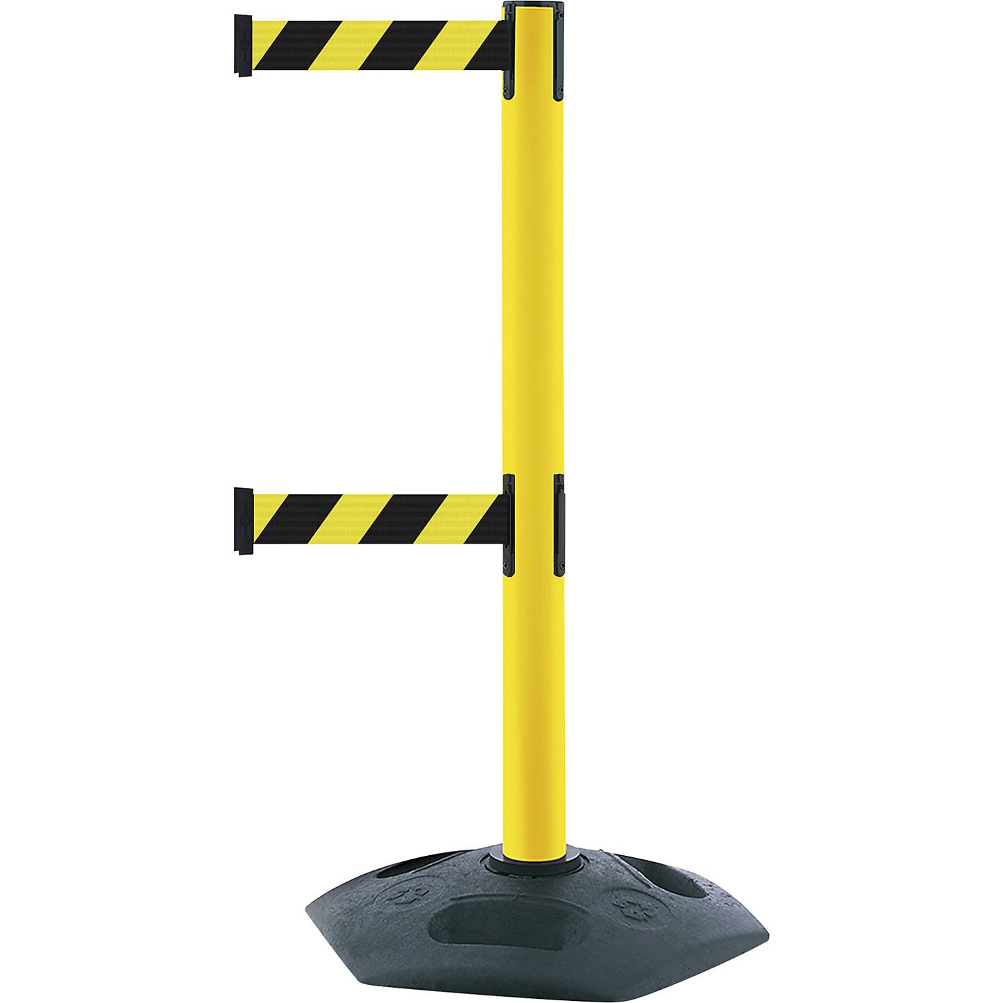 Heavy duty Dualline belt barrier post, belt extension 3650 mm, pack of 2, post yellow, belt black/yellow.